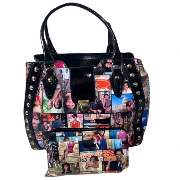 Handbags - Michelle & Barrack Obama Magazine Studded Patent Leather Tote w/ Matching Wallet